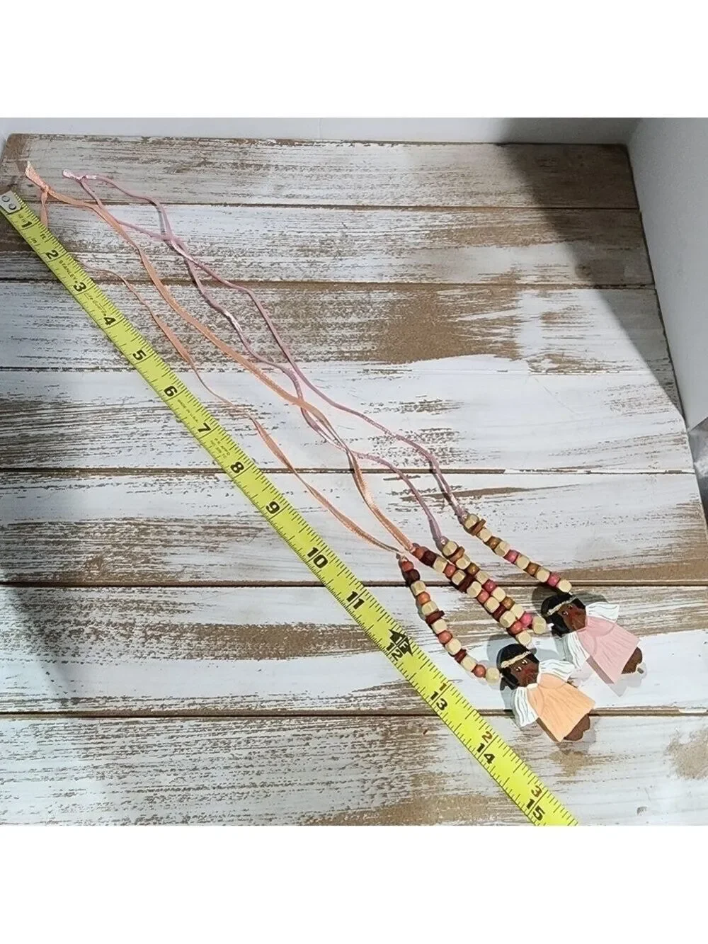 Handmade Handpainted praying Angel Holiday Christmas wood beaded necklace signed